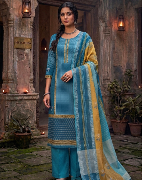 aura blue handblock suit set